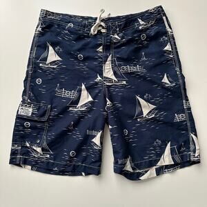 Polo by Ralph Lauren VTG 90s Nautical Navy White Sailboat‎ Cargo Swim Trunks M